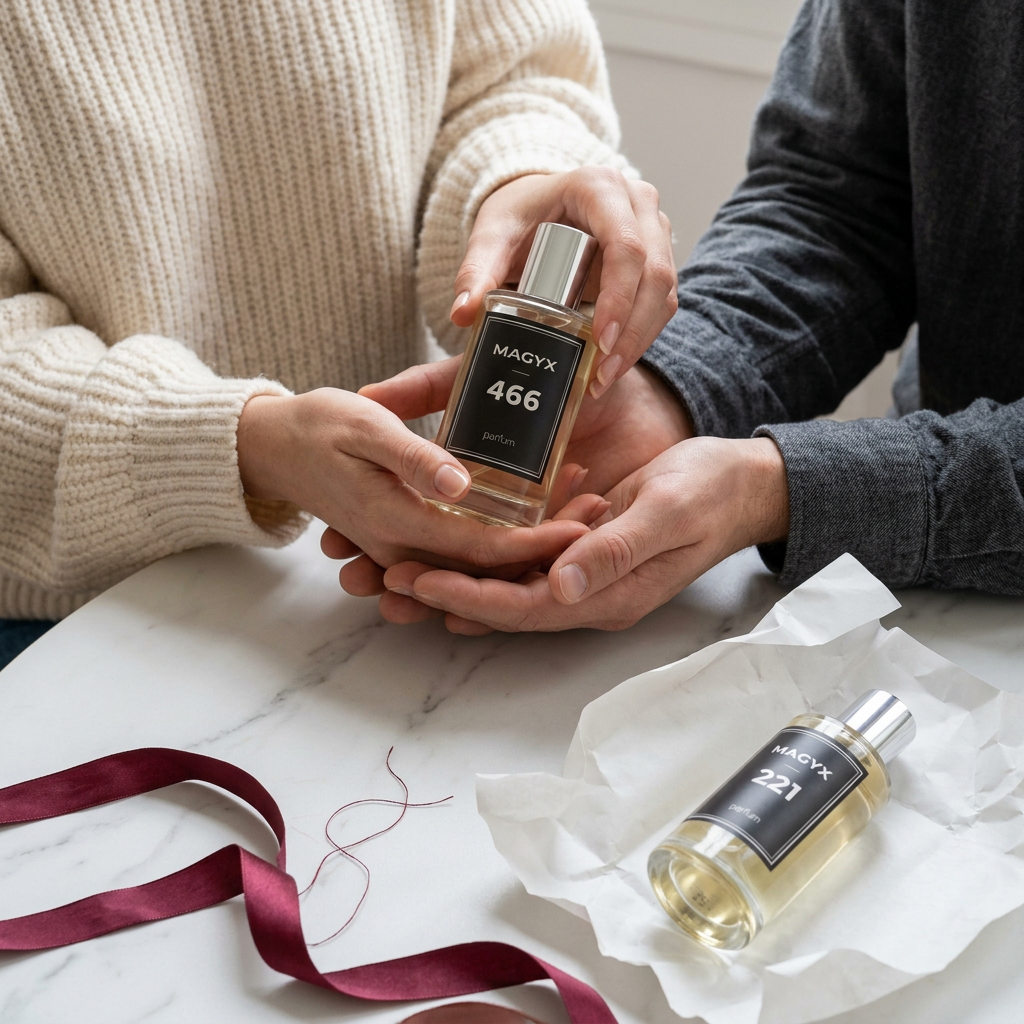 A loved one receiving Magyx perfume, with opened wrapping paper and a burgundy ribbon